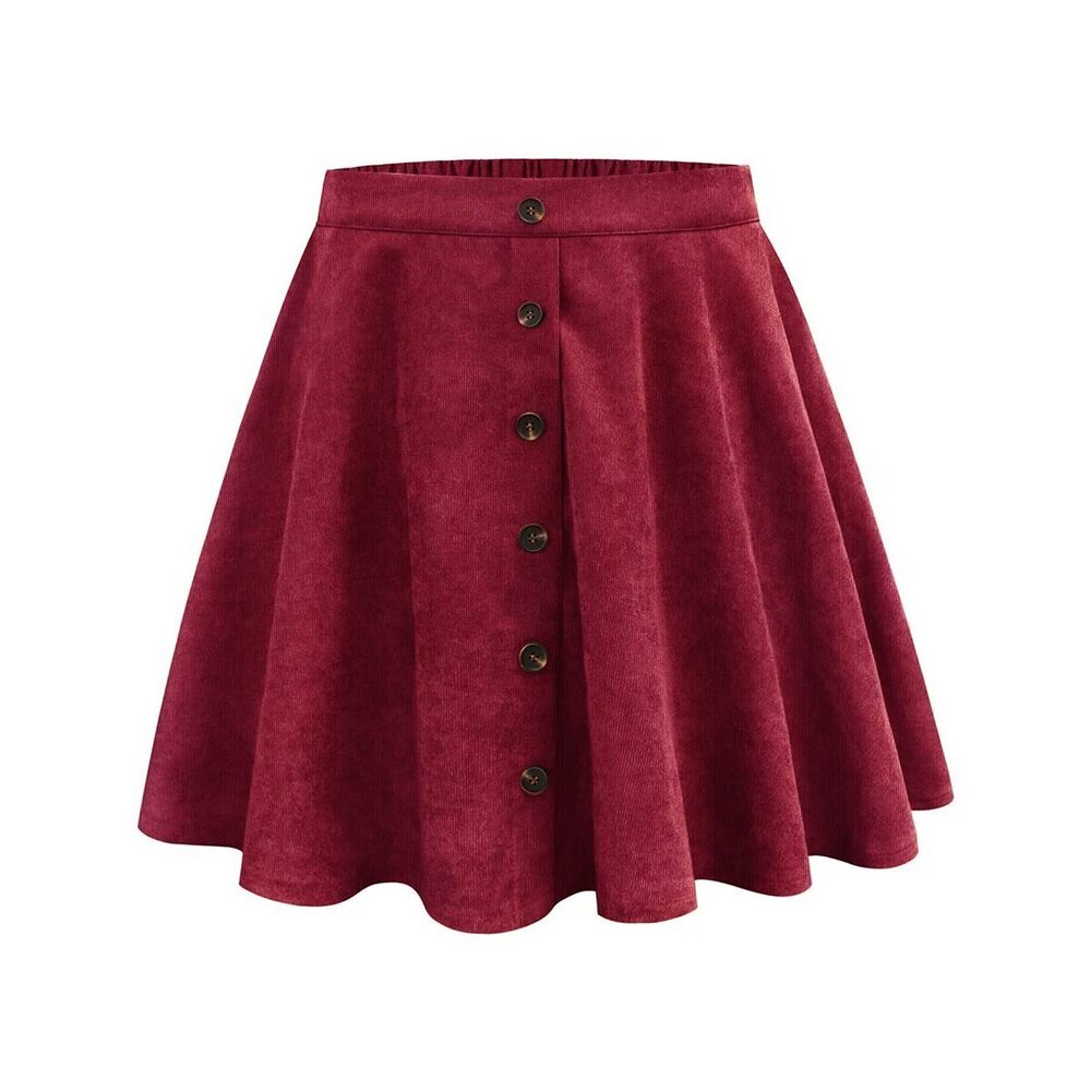 4173 Plus Size Skirts Button Up Flare A-Line Skirt Wine Red Corduroy Mini